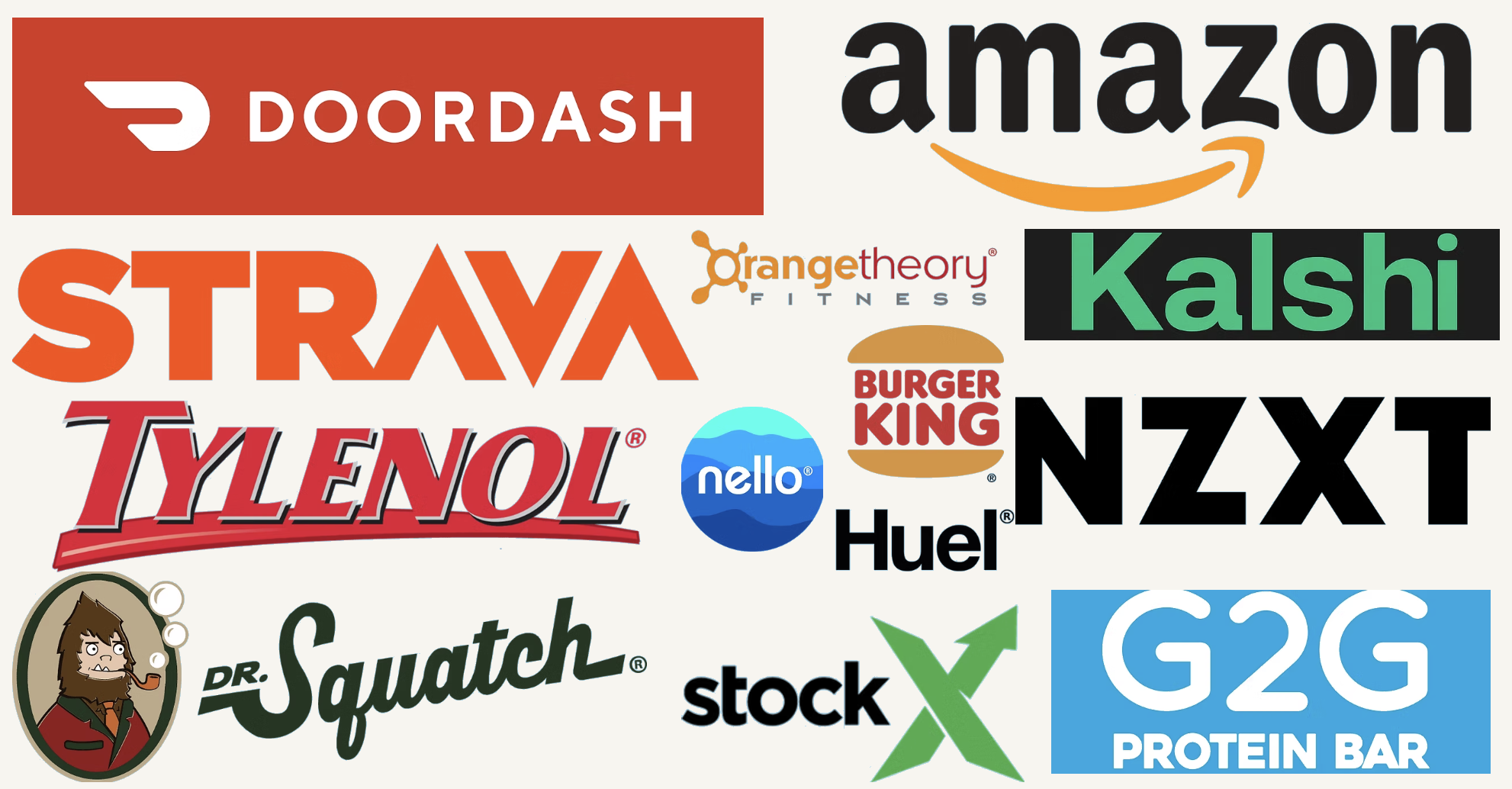 Brands: DoorDash, Amazon, Strava, Orangetheory, Kalshi, Burger King, NZXT, Tylenol, Nello, Huel, Dr. Squatch, StockX, G2G Protein Bar